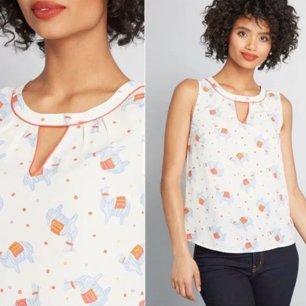 ModCloth Sleeveless Top Llama Alpaca Print Red Trim Keyhole Blouse